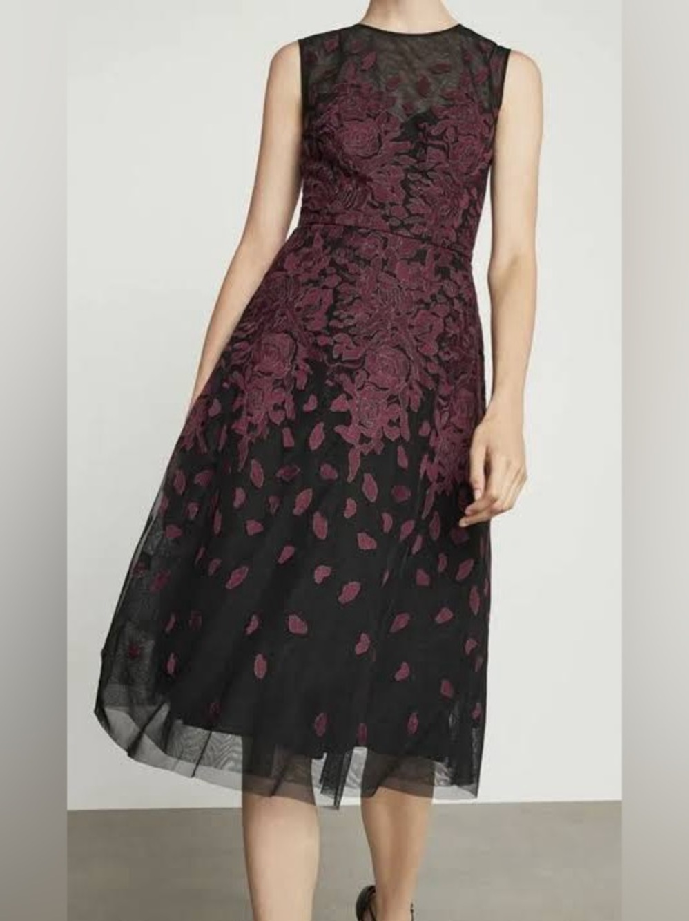 NWT - BCBGMaxAzria Black Midi Dress with Burgundy Floral Overlay
